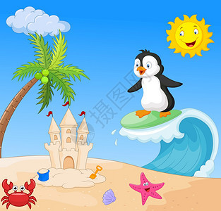 快乐企鹅海边冲浪图片