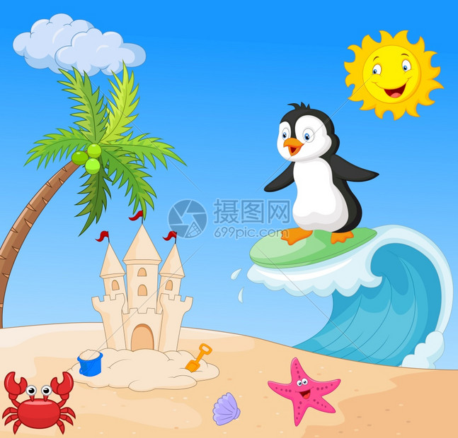 快乐企鹅海边冲浪图片