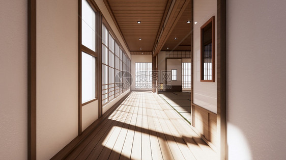 房间是宽敞的日本风格设计和自然色调的亮光3D图片