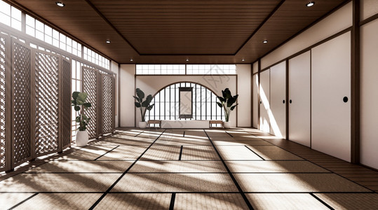 房间是宽敞的日本风格设计和自然色调的亮光3D图片