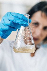 实验室女科学家研究含有溶解土壤样品的玻璃瓶土壤农业化学检查图片