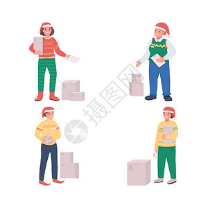 圣诞节假日交付的彩色向量字符设置圣达克拉斯帽的送信人圣诞节时间命令运送孤立的漫画插图用于网络形设计和动画收藏圣诞节交付的彩色向量图片