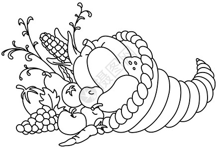 装饰线条卡通感谢玉米和秋叶水果及蔬菜矢量线条插图彩色页面插画