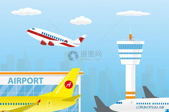 机场大楼跑道和起飞的飞机矢量插画图片
