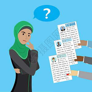 阿拉伯女商人在Cv候选之间做出择carton矢量说明阿拉伯女商人在Cv候选之间做出择图片