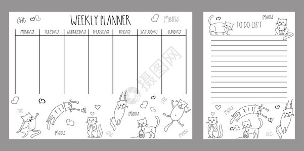 每周计划员列出可爱猫宠物模板页面条纸手画矢量插图图片