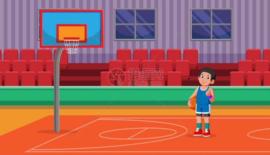 小男孩抱着篮球站在篮球场上卡通矢量插画图片