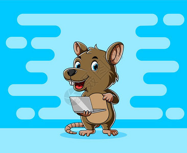 大老鼠站着用手拿笔记本电脑图片