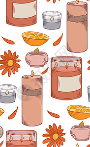绘制草图各种蜡烛橙色卡伦杜拉花朵和瓣矢量温泉壁纸背景和纺织的放松元素完美无缝的图案在行蜡烛彩色素描矢量温泉放松元素图片