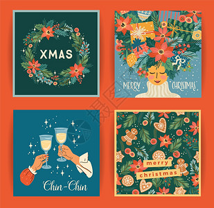 一套圣诞节和快乐的新年插图用于卡片海报和其他用途时态回溯风格图片