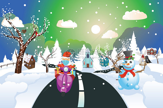 圣诞老人在冬天的街道上骑着电动车送礼物卡通矢量插画图片