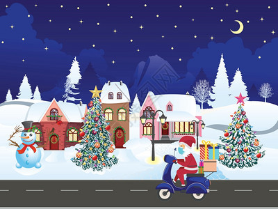 圣诞老人在冬天的街道上骑着电动车送礼物卡通矢量插画图片