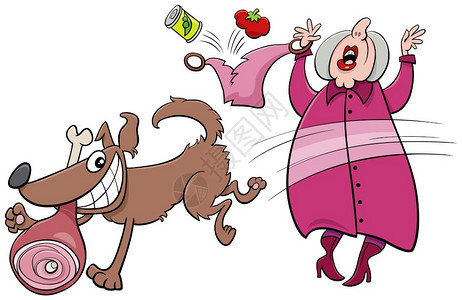 漫画插图有趣的调皮狗偷火腿从一个老太婆身上偷火腿图片