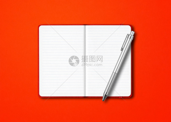 红线打开的笔记本模型用在多彩背景上隔离的笔红线打开记本用在多彩背景上隔离的笔图片