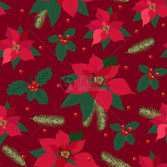 圣诞节无缝模式包括Painseta植物背景冬季图片