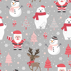 圣诞节无缝模式有圣塔和北极熊背景冬季模式有驯鹿包装纸冬季问候网页背景圣诞节和新年贺卡图片