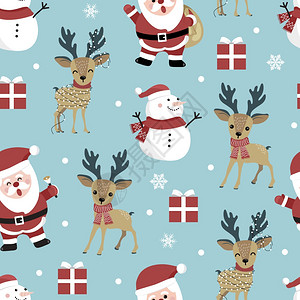 圣诞节无缝模式有圣塔和驯鹿背景冬季模式有雪花包装纸冬季问候网页背景圣诞节和新年贺卡图片
