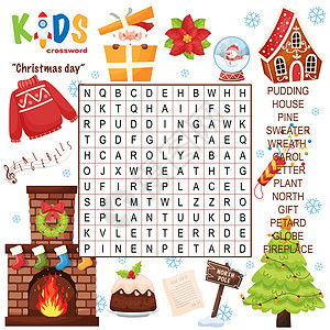 简单的单词搜索纵横字谜圣诞节为儿童在小学小学和中学练习语言理解和扩大词汇量的有趣方法包括答案图片