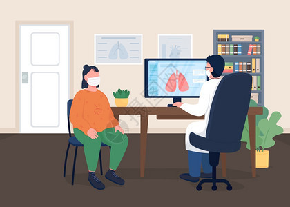 胸腔检查医学肺科专家医院访客2个带内部诊所背景的卡通人物戴面罩的医生和病人用面罩的彩色病媒说明背景图片