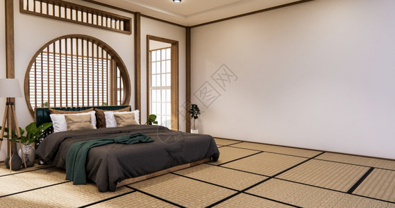 在带有塔米垫底的日本卧室架子墙上设计3D图片