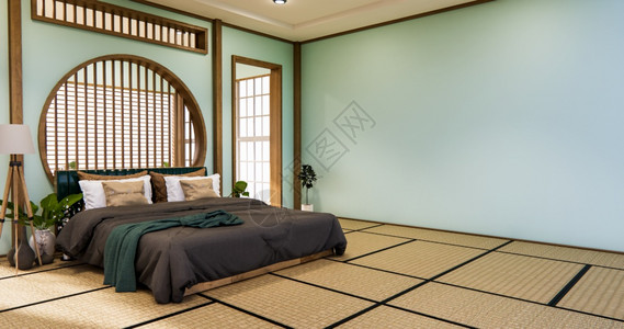 在有塔米垫地板的日本迪斯根卧室架子墙上设计图片