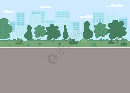 城市道路风景空公共园平板彩色矢量图无人的街道有草地和树木的城市道路镇娱乐院有摩天大楼背景的城市2d卡通风景插画
