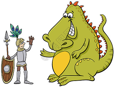 龙和骑士友好交谈的漫画幽默式插图图片