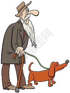 成人男子老年或祖父与狗一起走路的漫画插图图片