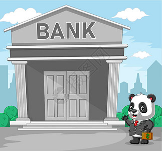 灰色套房的熊猫在银行门前拿着一袋钱图片