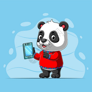 熊猫用红色毛衣握着新智能手机图片素材