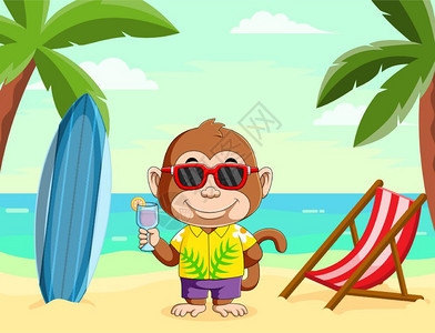 猴子拿着橙汁在海滩度假图片
