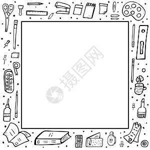 矢量办公室用品的正方形框架收集涂鸦风格的文具图片