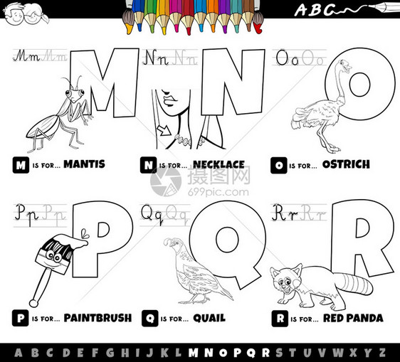用于儿童从m到r彩色书页阅读和写作实践的字母表教育图片