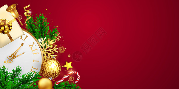 红色喜庆圣诞元素钟表背景插画