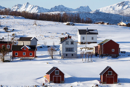 北海湾岛岸边的小挪威村庄图片