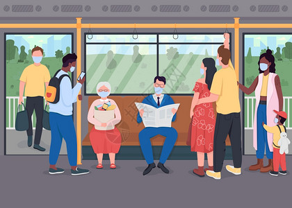戴着口罩乘坐地铁的人们卡通矢量插画图片