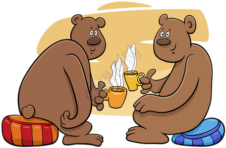 两只熊漫画动物人喝茶的漫画插图图片