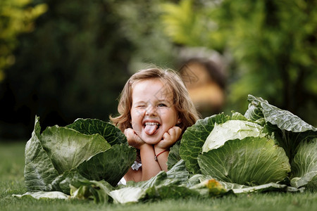 可爱的小女孩躺在卷心菜附近的绿草地上可爱的小女孩躺在卷心菜田地上收获概念快乐的童年可爱小女孩躺在卷心菜田上图片