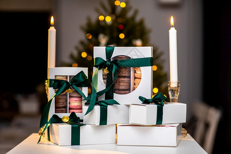 白色盒子中的法国红心豆绿色丝带棕榈树和背景上的红心菜现代欧洲美食圣诞主题快乐红心卡新年的情白色盒子中的法国红心豆圣诞树和背景上的图片