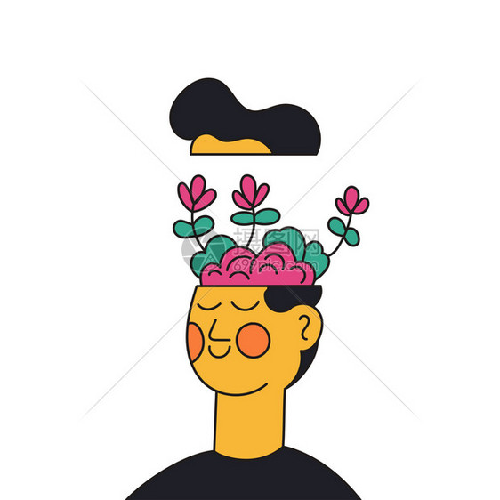 具有大脑和花卉矢量说明的人图片