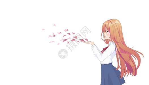 裙子和长发的上衣animeg女孩吹着一个吻侧视图复制空间白色孤立背景的文本位置矢量插图图片