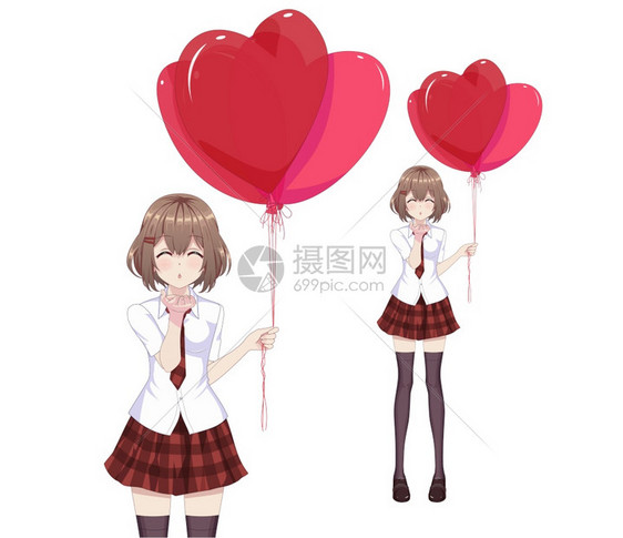 红裙子和白上衣的animeg女孩拿着心形气球矢量插图图片