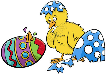 卡通插图说明从东方彩色鸡蛋孵化出来的小黄鸡图片