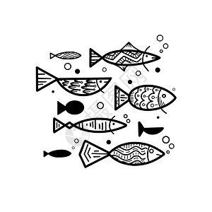 手绘抽象线条鱼群图片