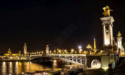 2014年7月日Eifel塔和PontAlexandri晚上在法国巴黎France2014年7月日图片