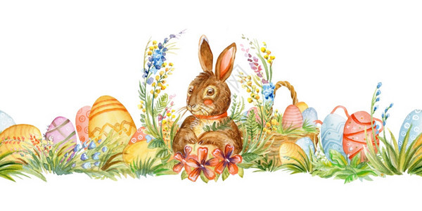 水彩色边界与可爱的兔子鲜花和白本上孤立的东方蛋用于装饰印刷壁纸组织剪布包装纸水彩边界与东方兔子无缝图片