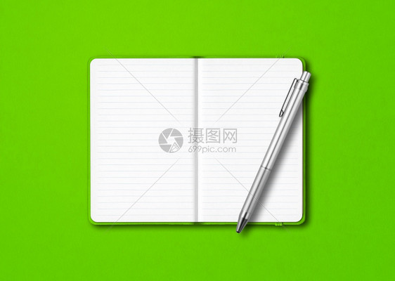 绿色打开的笔记本模型在多彩背景上隔离一支笔绿色打开的记本在多彩背景上隔离一支笔图片