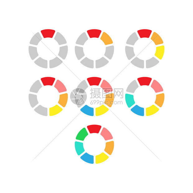用户界面的彩色饼图集带有步骤区域或阶段的圆形图表用于网络和图形设计的圆信息图模板平面样式图片