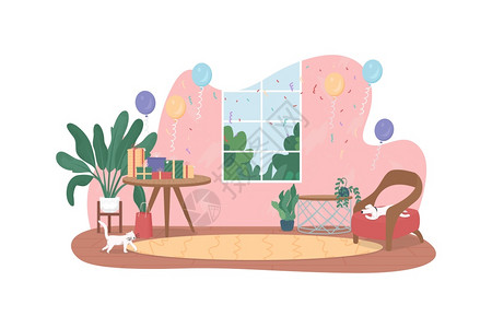 眺望风景2d矢量网络横幅海报气球彩色面团带有庆祝装饰的客厅卡通背景