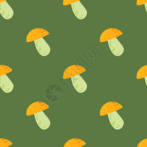 橙色蘑菇形状的无缝最小模式绿色背景软体印刷设计壁纸纺织品包装纸物印刷的装饰背景矢量说明软体印刷设计图片